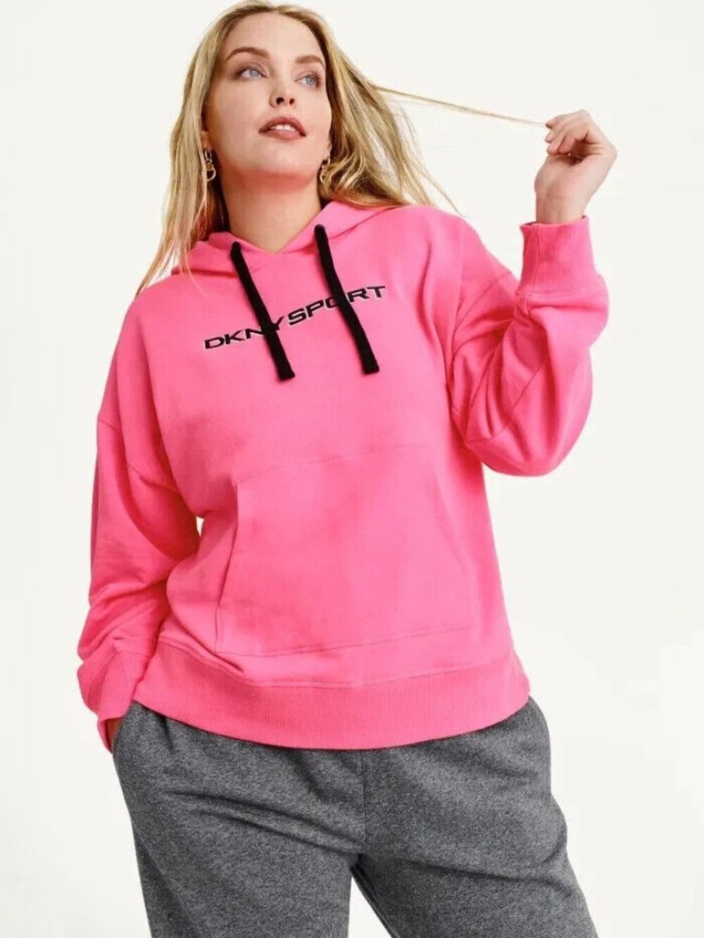 Dkny Sport Ladies Kangaroo Pocket Logo Hoodie, Laser Pink, Size XL